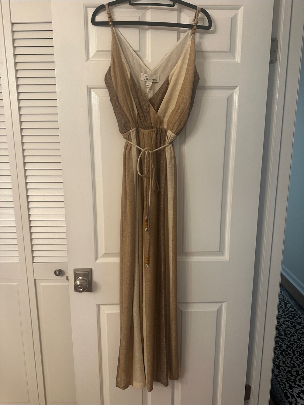 Neutral Tan colors with a touch of gold jumpsuit with Tie Waist
